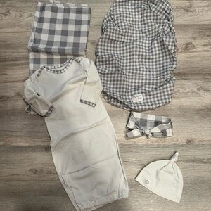 Hospital sheet set, swaddle blanket, gown & hat/bow bundle